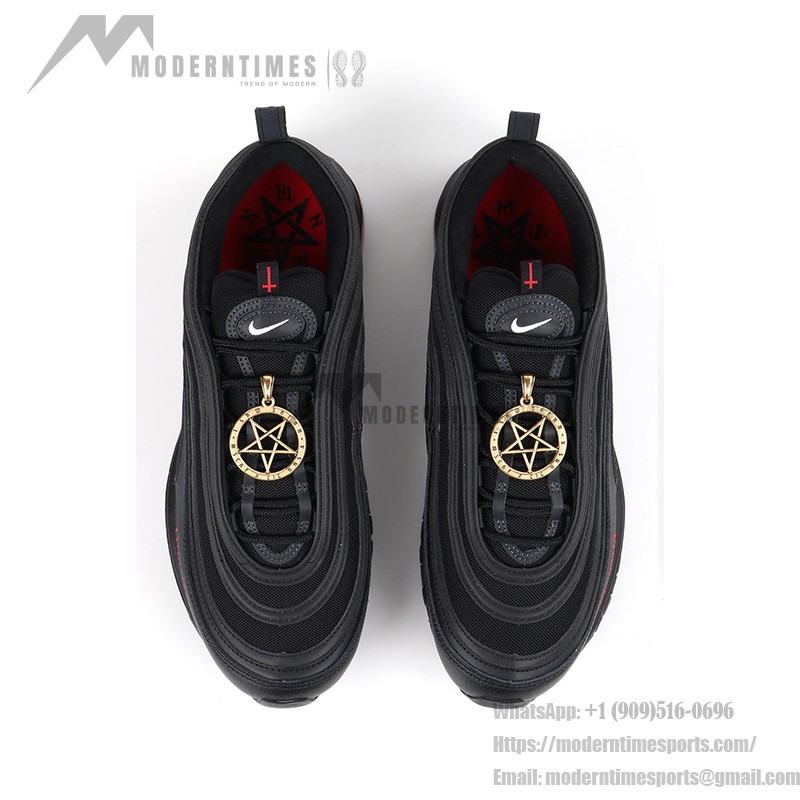 Nike Air Max 97 "Satan Shoes" - Unique Black Sneakers with Red Accents Nike Air Max 97 "Satan Shoes" - Black Sneakers with Red Accents and Luke 10:18 Reference