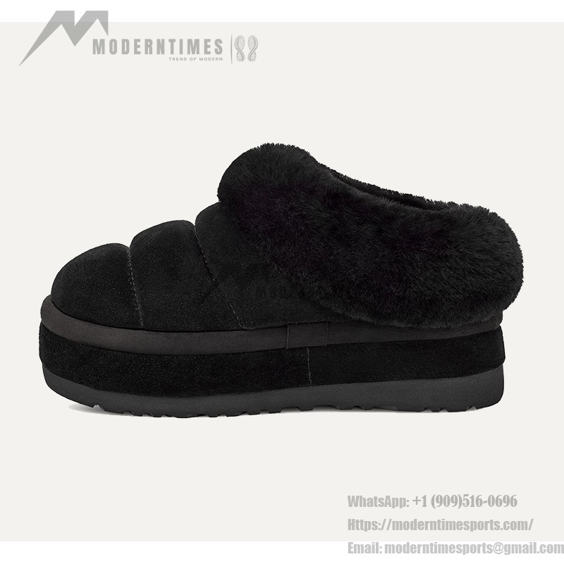 UGG レディースプラットフォームスリッパ 1146390 - 冬のブラックシープスキンスリッパ UGG レディースプラットフォームスリッパ 1146390 ブラックのシープスキン裏地付き