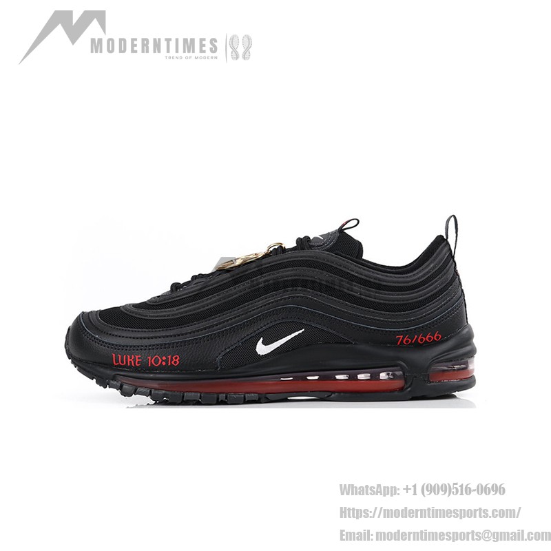 Nike Air Max 97 "Satan Shoes" - Unique Black Sneakers with Red Accents Nike Air Max 97 "Satan Shoes" - Black Sneakers with Red Accents and Luke 10:18 Reference