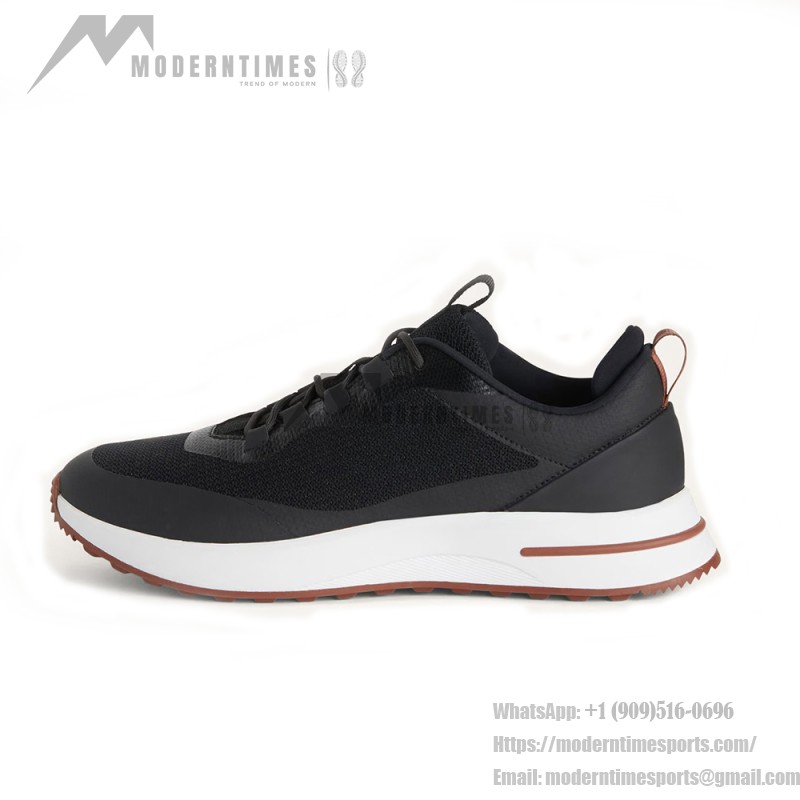 Loro Piana FAM1718-8000 Black Leather Sneakers Loro Piana FAM1718-8000 Black Sneakers Front View with White and Brown Detailing