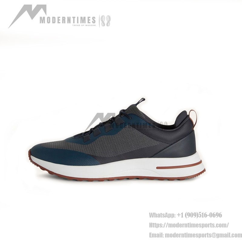 Loro Piana FAM1718-F3DW marineblaue Ledersneaker Loro Piana FAM1718-F3DW marineblaue Sneaker Vorderansicht mit grauen und braunen Details