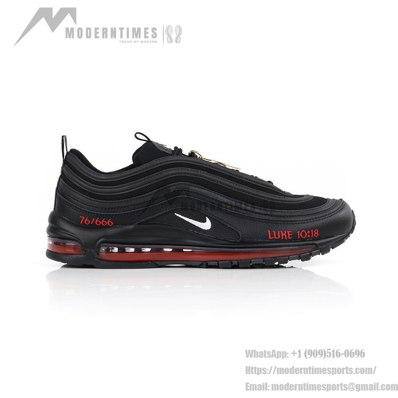Nike Air Max 97 "Satan Shoes" - Unique Black Sneakers with Red Accents Nike Air Max 97 "Satan Shoes" - Black Sneakers with Red Accents and Luke 10:18 Reference