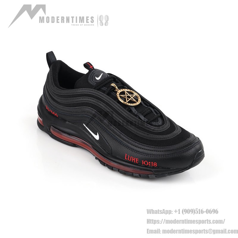 Nike Air Max 97 "Satan Shoes" - Unique Black Sneakers with Red Accents Nike Air Max 97 "Satan Shoes" - Black Sneakers with Red Accents and Luke 10:18 Reference