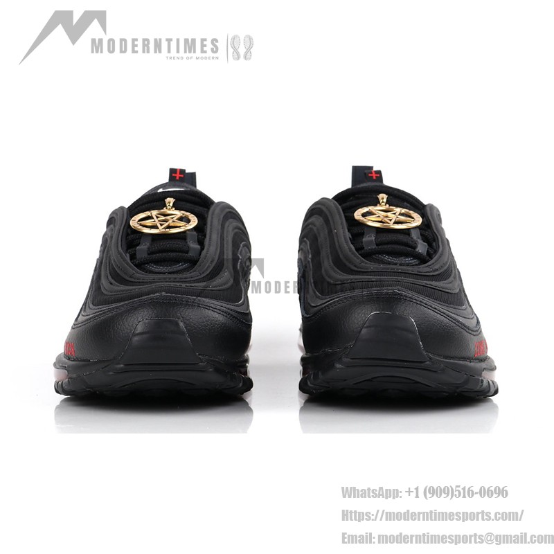 Nike Air Max 97 "Satan Shoes" - Unique Black Sneakers with Red Accents Nike Air Max 97 "Satan Shoes" - Black Sneakers with Red Accents and Luke 10:18 Reference