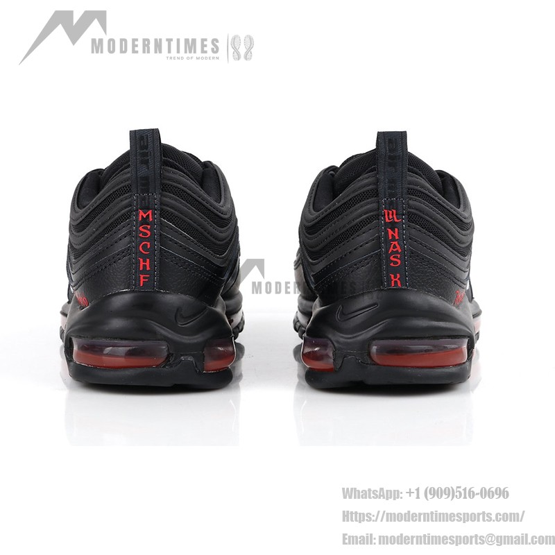 Nike Air Max 97 "Satan Shoes" - Unique Black Sneakers with Red Accents Nike Air Max 97 "Satan Shoes" - Black Sneakers with Red Accents and Luke 10:18 Reference