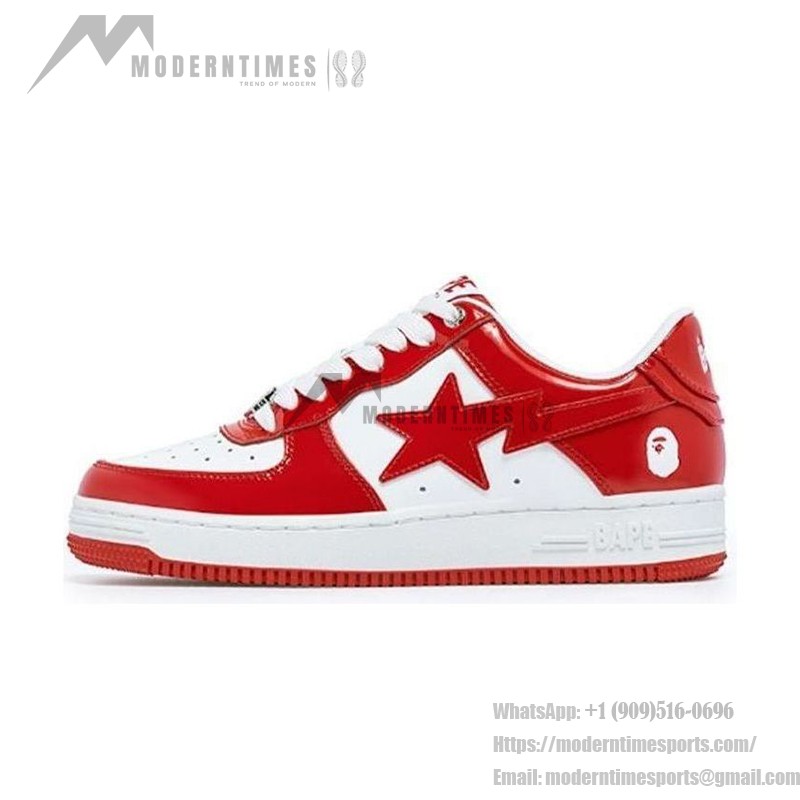 BAPE STA レッド&ホワイトレザースニーカー 1I70-191-022-RED レッド&ホワイトの光沢レザーデザインのBAPE STAスニーカー、スターのロゴ付き