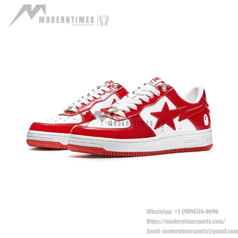 BAPE STA レッド&ホワイトレザースニーカー 1I70-191-022-RED レッド&ホワイトの光沢レザーデザインのBAPE STAスニーカー、スターのロゴ付き