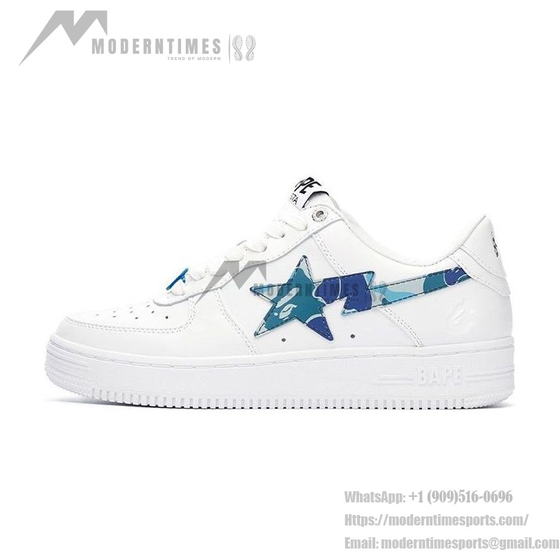 BAPE STA ホワイト&ブルーカモスタースニーカー 1I70-291-004-BLUE ブルーのABCカモスターロゴ付きBAPE STA ホワイトスニーカー