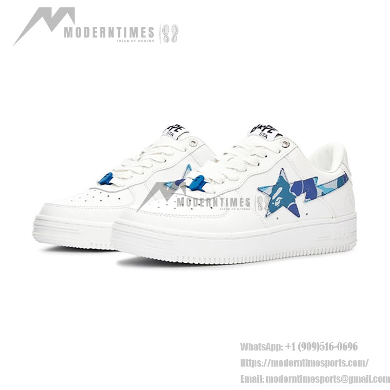 BAPE STA ホワイト&ブルーカモスタースニーカー 1I70-291-004-BLUE ブルーのABCカモスターロゴ付きBAPE STA ホワイトスニーカー