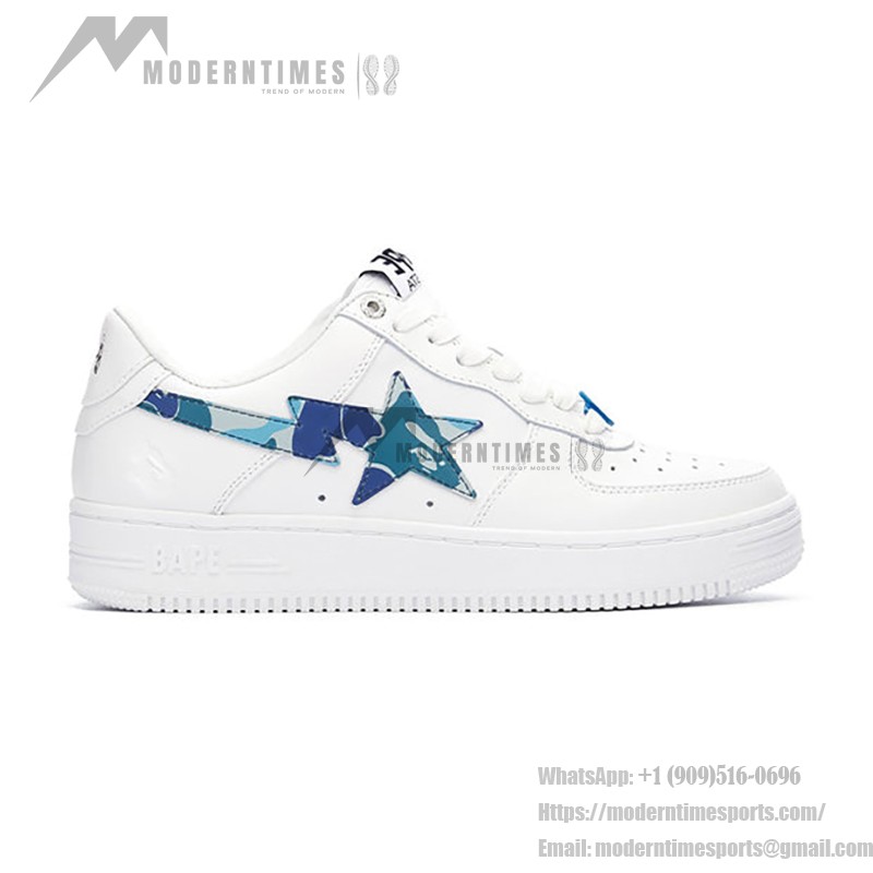 BAPE STA ホワイト&ブルーカモスタースニーカー 1I70-291-004-BLUE ブルーのABCカモスターロゴ付きBAPE STA ホワイトスニーカー