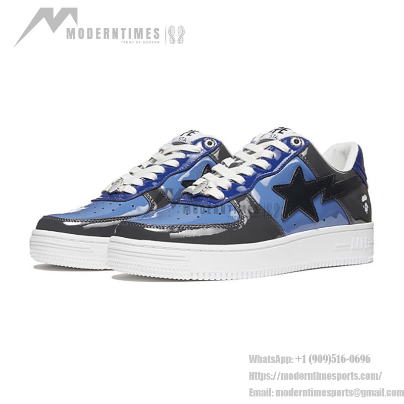 BAPE STA ブラック&ブルーコンボスニーカー 1H20-191-046-BLUE 光沢のあるブラック&ブルーのBAPE STAスニーカー、スターのロゴ付き