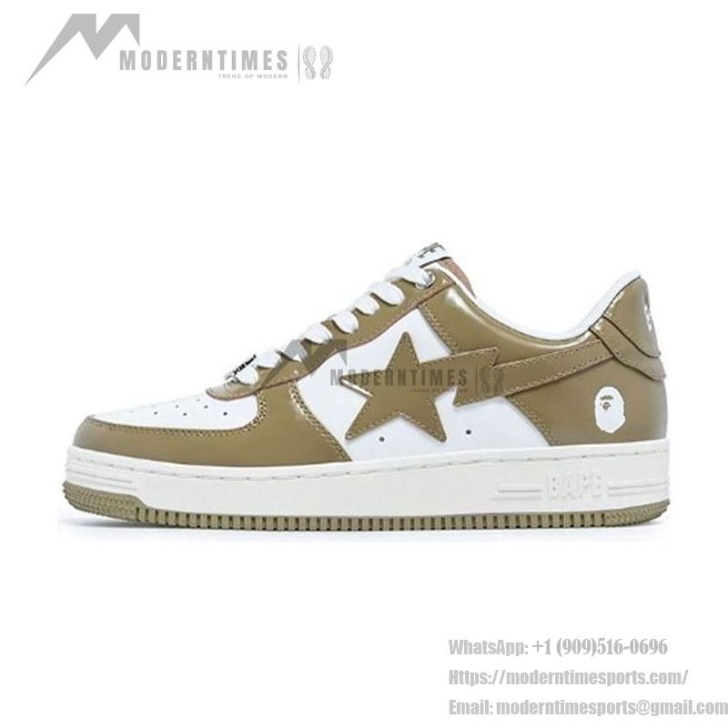 BAPE STA ベージュ&ホワイトパテントレザースニーカー 1I70-191-022-BEIGE BAPE STA ベージュ&ホワイトパテントレザースニーカー、スターのロゴ付き