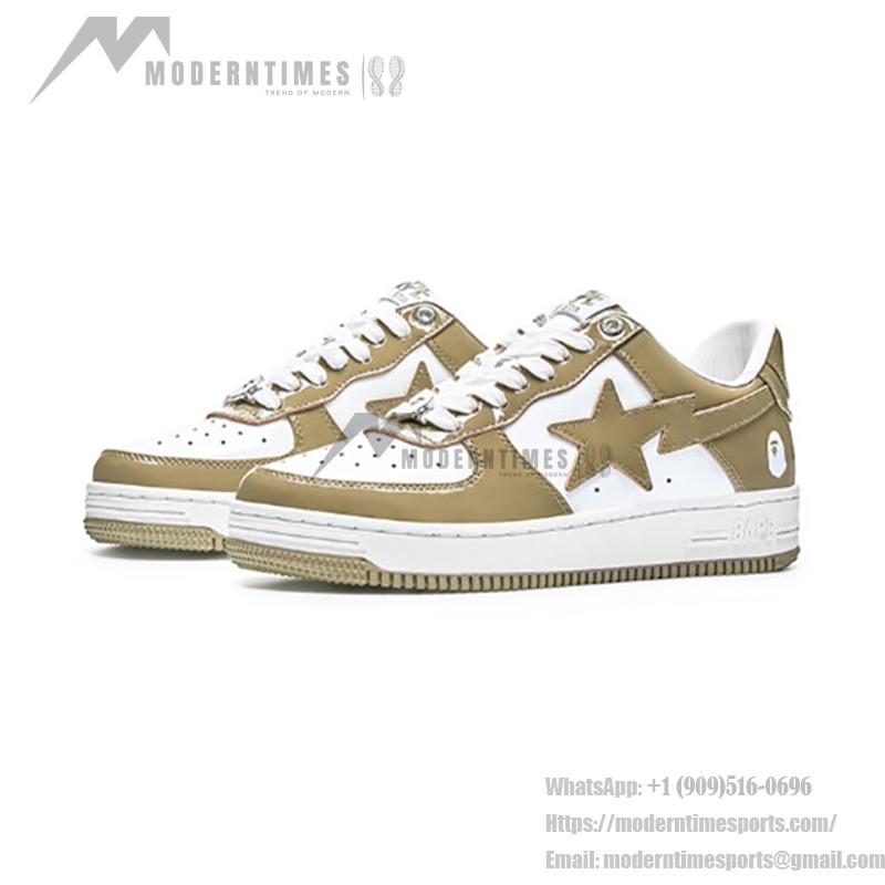 BAPE STA ベージュ&ホワイトパテントレザースニーカー 1I70-191-022-BEIGE BAPE STA ベージュ&ホワイトパテントレザースニーカー、スターのロゴ付き