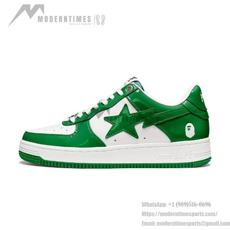 BAPE STA グリーン&ホワイトパテントレザースニーカー 1H70-191-001-WG グリーン&ホワイトのパテントレザーデザインのBAPE STAスニーカー、スターのロゴ付き