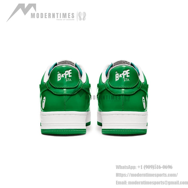 BAPE STA グリーン&ホワイトパテントレザースニーカー 1H70-191-001-WG グリーン&ホワイトのパテントレザーデザインのBAPE STAスニーカー、スターのロゴ付き