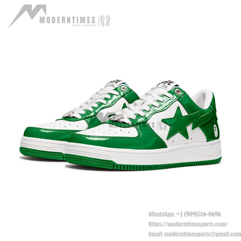 BAPE STA グリーン&ホワイトパテントレザースニーカー 1H70-191-001-WG グリーン&ホワイトのパテントレザーデザインのBAPE STAスニーカー、スターのロゴ付き