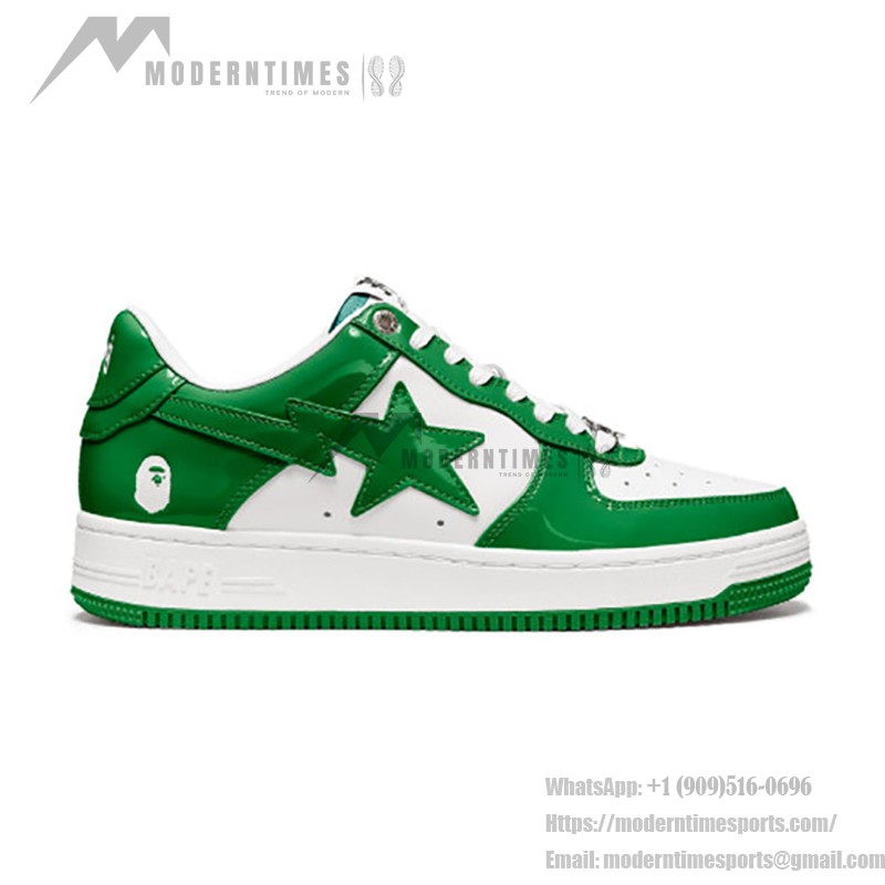 BAPE STA グリーン&ホワイトパテントレザースニーカー 1H70-191-001-WG グリーン&ホワイトのパテントレザーデザインのBAPE STAスニーカー、スターのロゴ付き