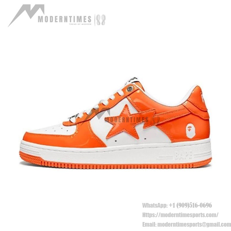 BAPE STA オレンジ&ホワイトパテントレザースニーカー 1H70-191-001-WO オレンジ&ホワイトのパテントレザーデザインのBAPE STAスニーカー、スターのロゴ付き
