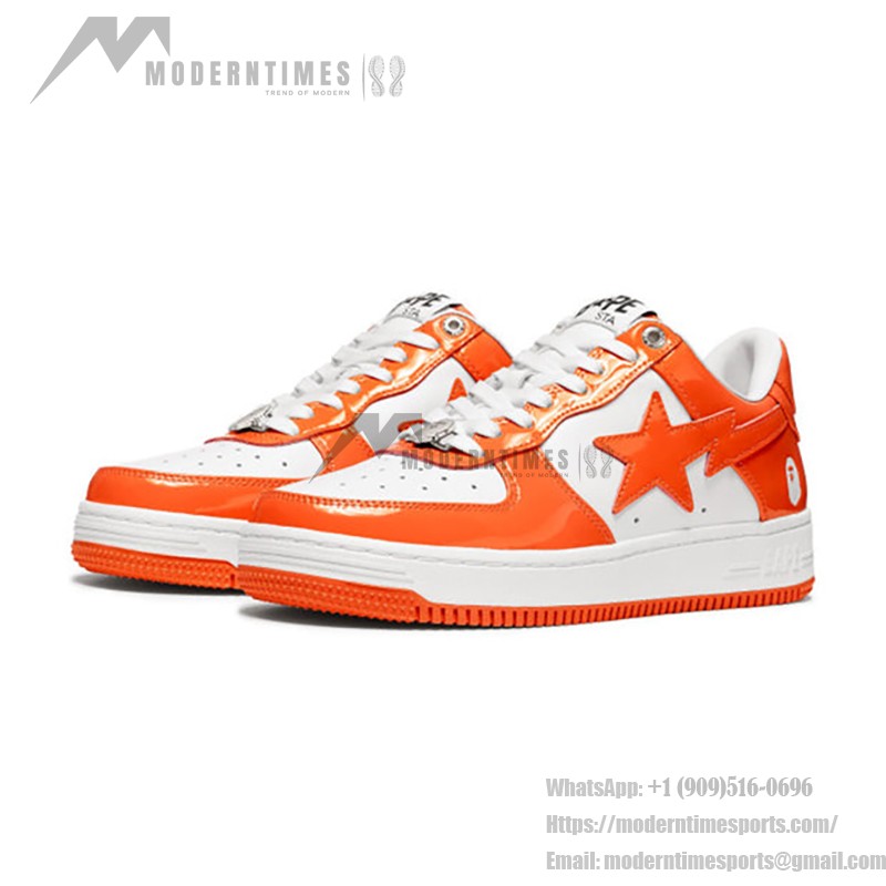 BAPE STA オレンジ&ホワイトパテントレザースニーカー 1H70-191-001-WO オレンジ&ホワイトのパテントレザーデザインのBAPE STAスニーカー、スターのロゴ付き