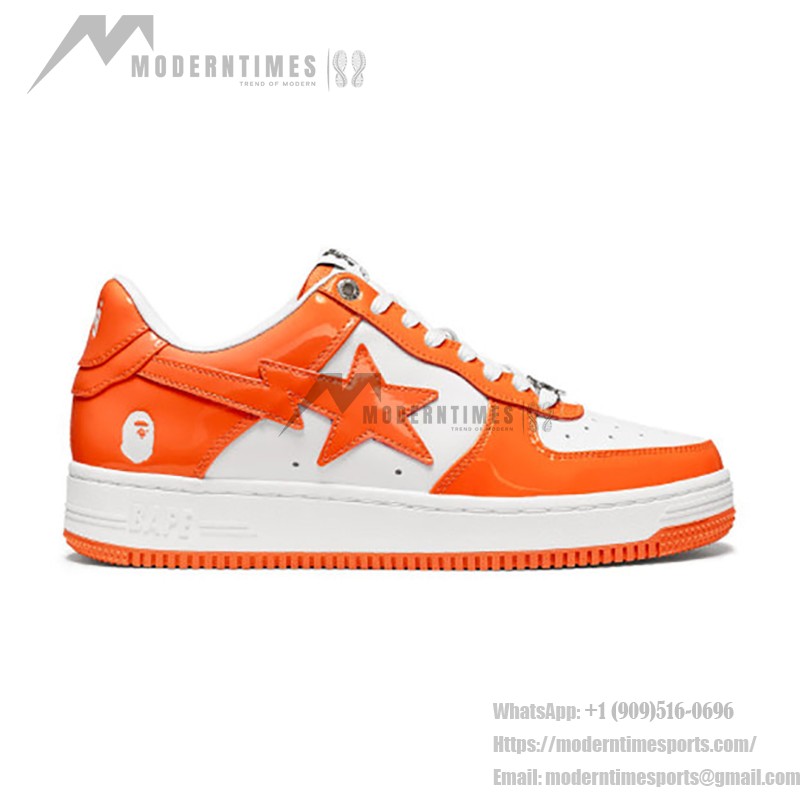 BAPE STA オレンジ&ホワイトパテントレザースニーカー 1H70-191-001-WO オレンジ&ホワイトのパテントレザーデザインのBAPE STAスニーカー、スターのロゴ付き