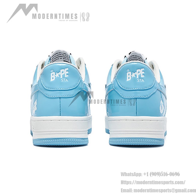 BAPE STA ホワイト&スカイブルーパテントレザースニーカー 1I70-191-002-BLUE ホワイト&スカイブルーパテントレザーデザインのBAPE STAスニーカー、スターのロゴ付き