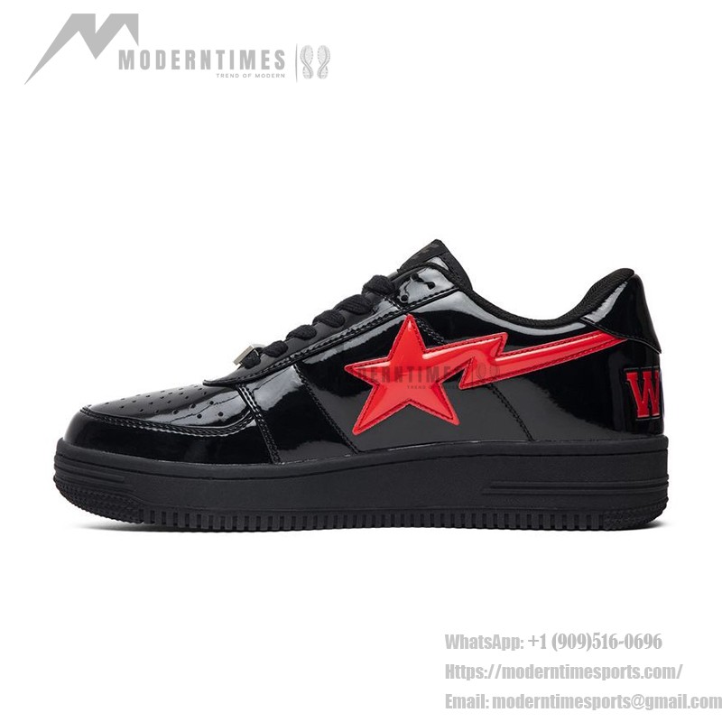 BAPE STA ブラック&レッドパテントレザースニーカー 1H30-191-012-BLK レッドスターのロゴが付いたBAPE STA ブラックパテントレザースニーカー