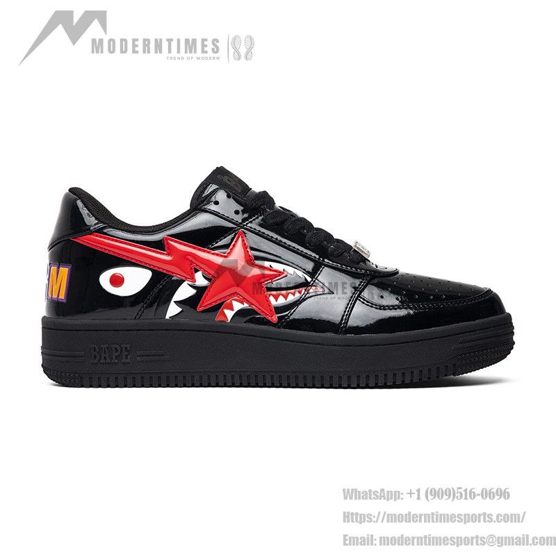 BAPE STA ブラック&レッドパテントレザースニーカー 1H30-191-012-BLK レッドスターのロゴが付いたBAPE STA ブラックパテントレザースニーカー