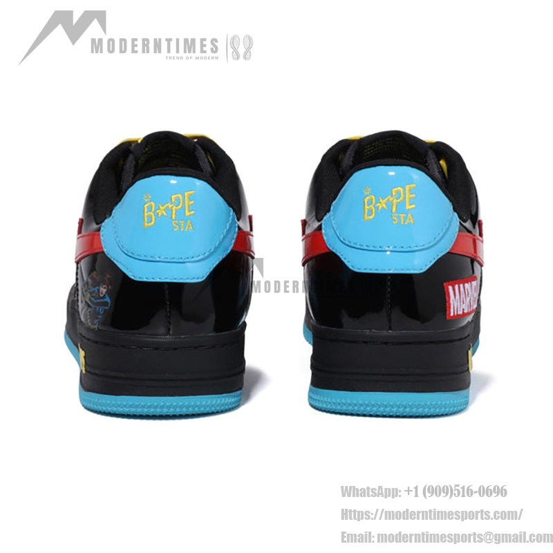 BAPE STA x Marvel ブラック・ウィドウ スニーカー 1I73-191-907 黒、青、赤のデザインが特徴のBAPE STA x Marvel ブラック・ウィドウ スニーカー