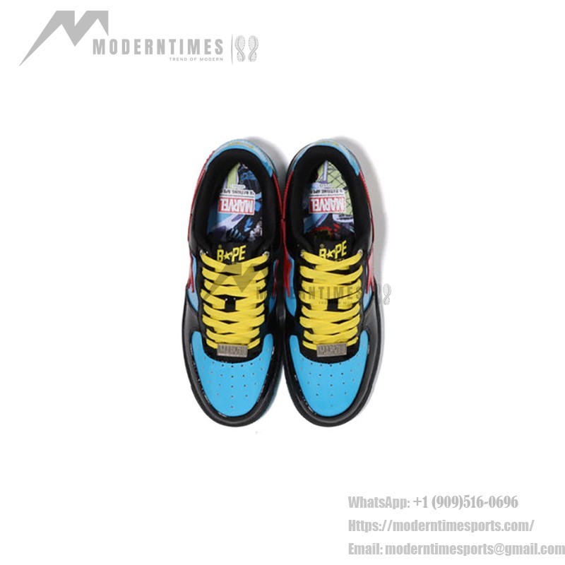 BAPE STA x Marvel ブラック・ウィドウ スニーカー 1I73-191-907 黒、青、赤のデザインが特徴のBAPE STA x Marvel ブラック・ウィドウ スニーカー