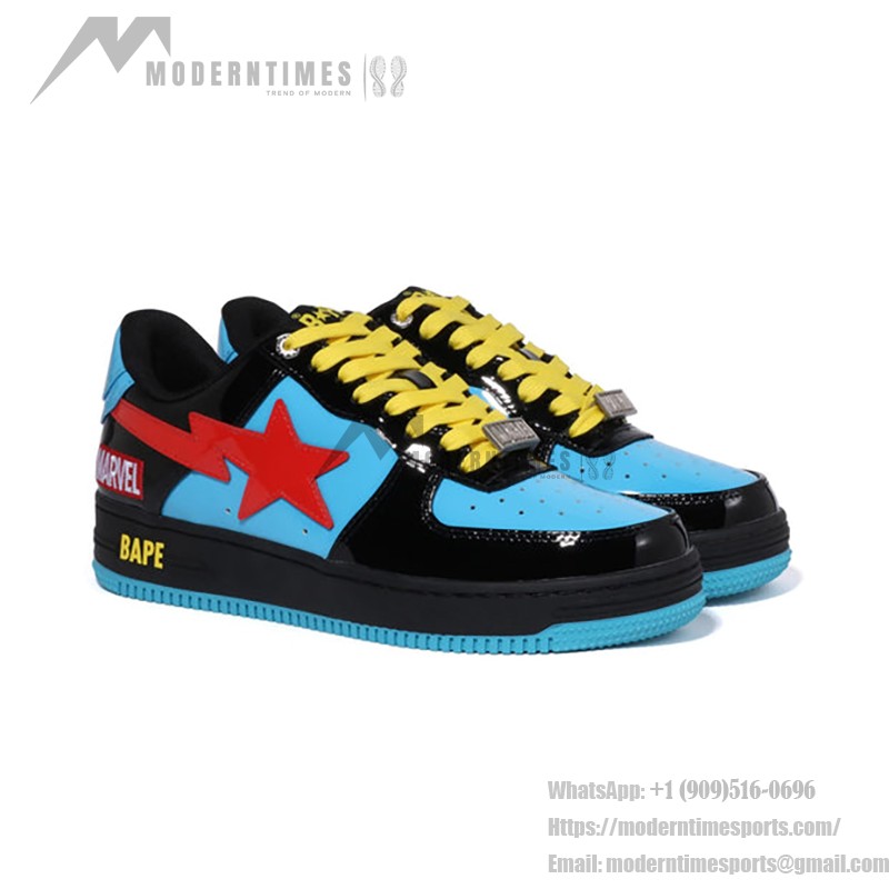 BAPE STA x Marvel ブラック・ウィドウ スニーカー 1I73-191-907 黒、青、赤のデザインが特徴のBAPE STA x Marvel ブラック・ウィドウ スニーカー