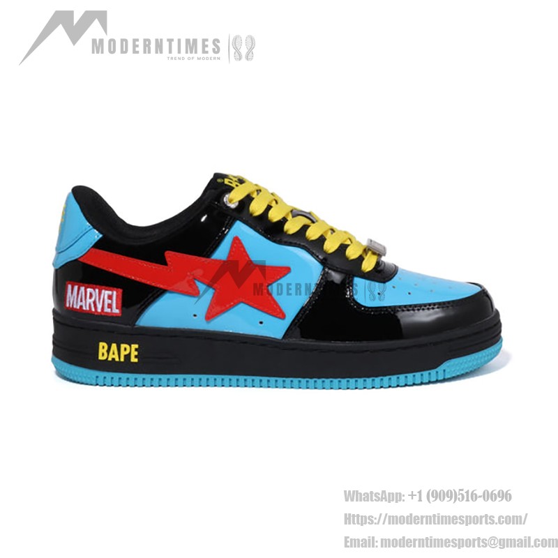 BAPE STA x Marvel ブラック・ウィドウ スニーカー 1I73-191-907 黒、青、赤のデザインが特徴のBAPE STA x Marvel ブラック・ウィドウ スニーカー