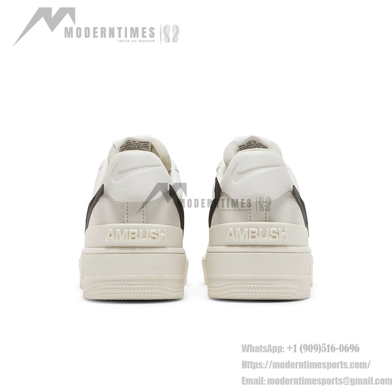 AMBUSH x Nike Air Force 1 Low 'Phantom' - Stylish Off-White Sneakers AMBUSH x Nike Air Force 1 Low 'Phantom' - Off-White Sneakers with Extended Black Swoosh