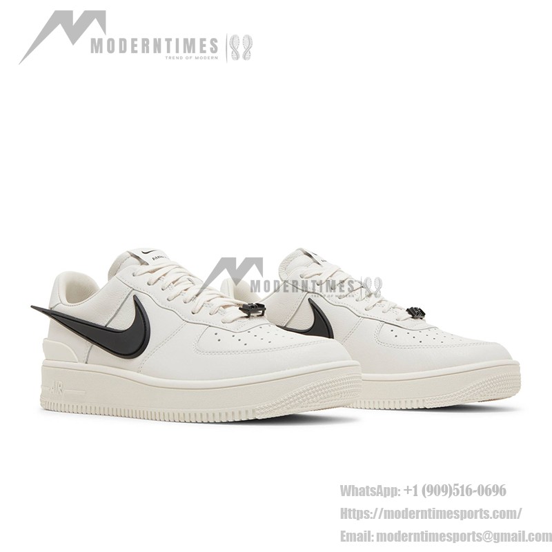 AMBUSH x Nike Air Force 1 Low 'Phantom' - Stylish Off-White Sneakers AMBUSH x Nike Air Force 1 Low 'Phantom' - Off-White Sneakers with Extended Black Swoosh
