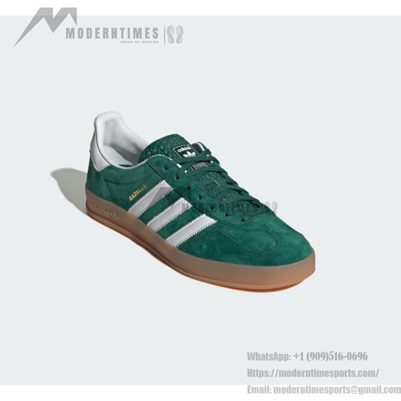Adidas Gazelle Indoor IG1596 - Green Suede Sneakers with White Stripes & Gum Sole Adidas Gazelle Indoor IG1596 - Green Suede Sneakers with White Stripes & Gum Sole