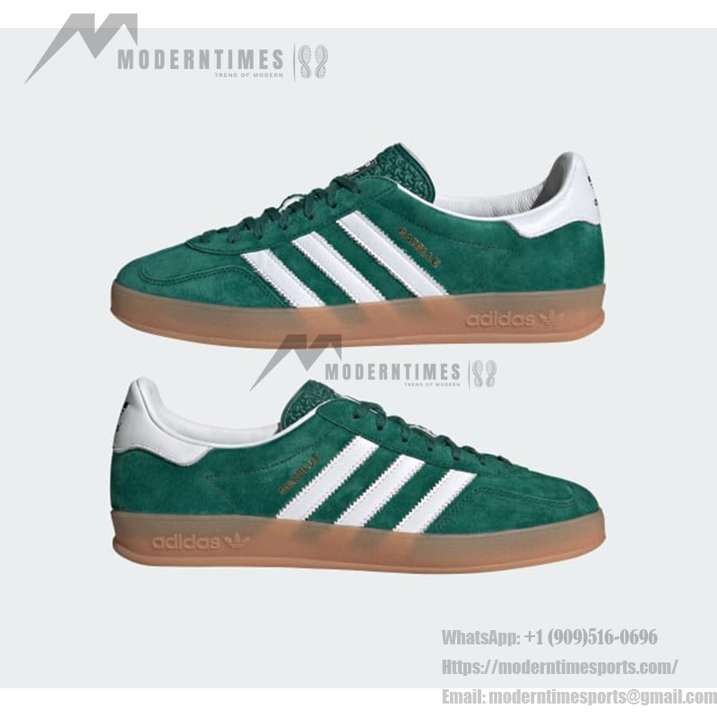 Adidas Gazelle Indoor IG1596 - Green Suede Sneakers with White Stripes & Gum Sole Adidas Gazelle Indoor IG1596 - Green Suede Sneakers with White Stripes & Gum Sole