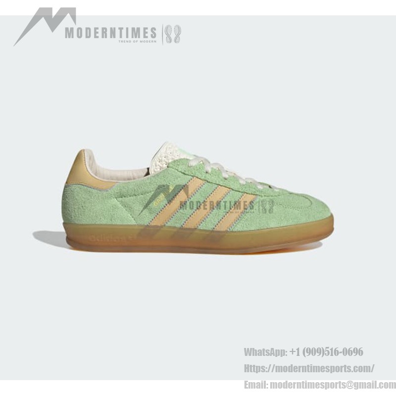 Adidas Gazelle Indoor IE2948 - Green Suede Sneakers with Beige Stripes Adidas Gazelle Indoor IE2948 Green Suede Sneakers with Beige Stripes and Gum Sole