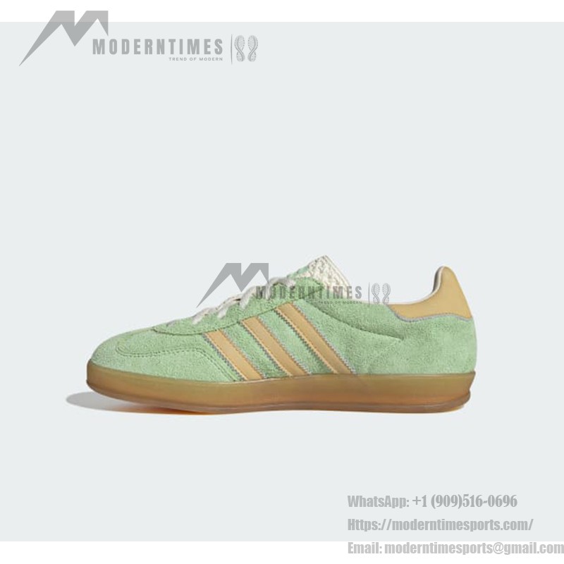 Adidas Gazelle Indoor IE2948 - Green Suede Sneakers with Beige Stripes Adidas Gazelle Indoor IE2948 Green Suede Sneakers with Beige Stripes and Gum Sole