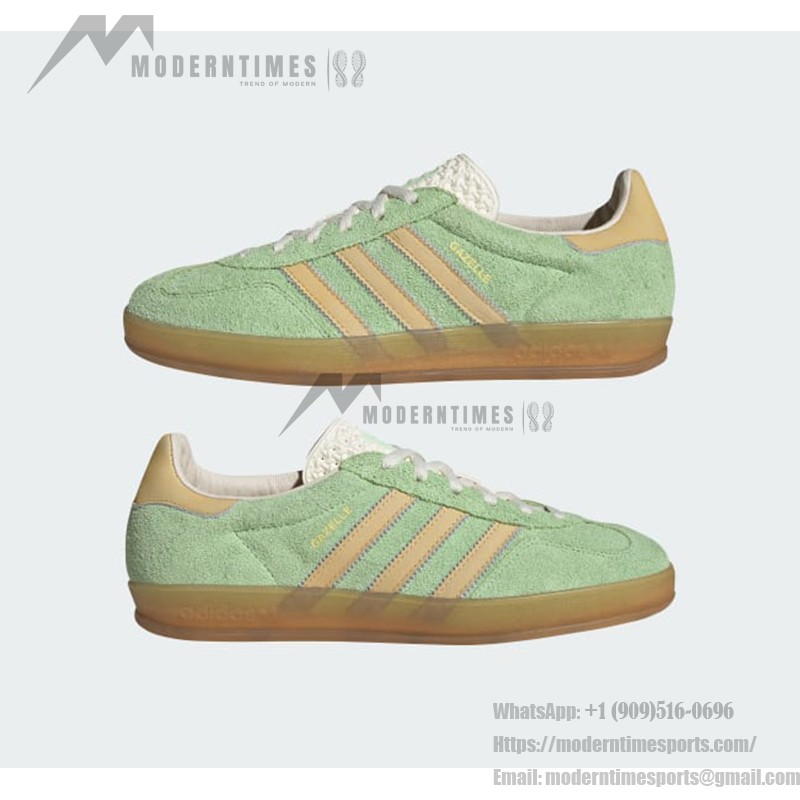 Adidas Gazelle Indoor IE2948 - Green Suede Sneakers with Beige Stripes Adidas Gazelle Indoor IE2948 Green Suede Sneakers with Beige Stripes and Gum Sole