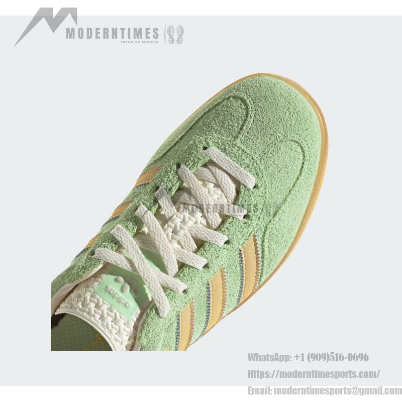 Adidas Gazelle Indoor IE2948 - Green Suede Sneakers with Beige Stripes Adidas Gazelle Indoor IE2948 Green Suede Sneakers with Beige Stripes and Gum Sole