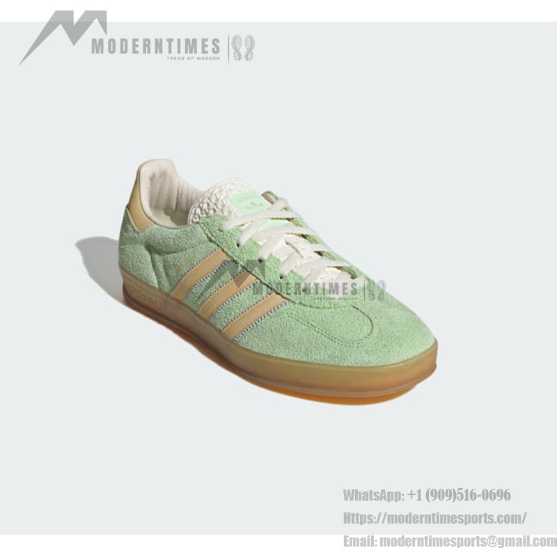 Adidas Gazelle Indoor IE2948 - Green Suede Sneakers with Beige Stripes Adidas Gazelle Indoor IE2948 Green Suede Sneakers with Beige Stripes and Gum Sole