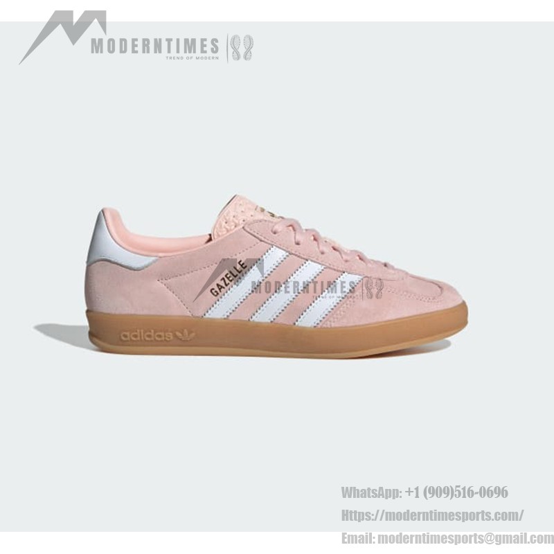Adidas Gazelle Indoor IH5484 - Pink Suede Sneakers with Blue Stripes Adidas Gazelle Indoor IH5484 Pink Suede Sneakers with Pastel Blue Stripes and Gum Sole