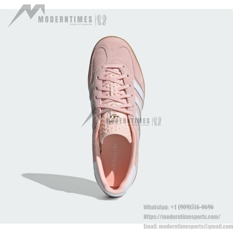 Adidas Gazelle Indoor IH5484 - Pink Suede Sneakers with Blue Stripes Adidas Gazelle Indoor IH5484 Pink Suede Sneakers with Pastel Blue Stripes and Gum Sole