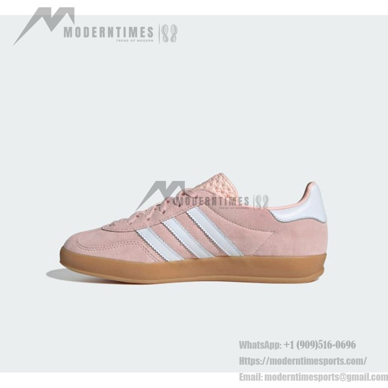 Adidas Gazelle Indoor IH5484 - Pink Suede Sneakers with Blue Stripes Adidas Gazelle Indoor IH5484 Pink Suede Sneakers with Pastel Blue Stripes and Gum Sole