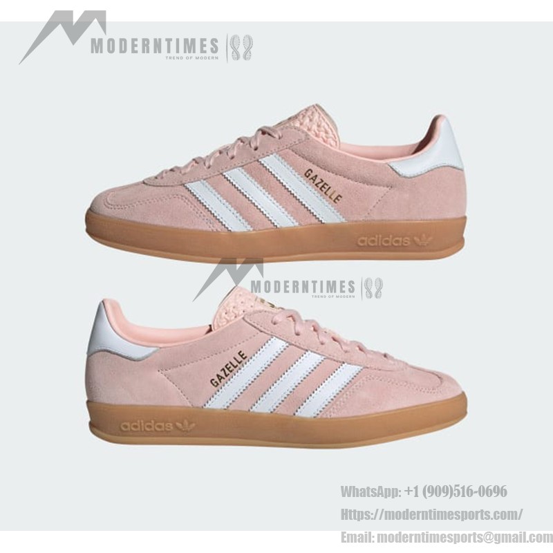 Adidas Gazelle Indoor IH5484 - Pink Suede Sneakers with Blue Stripes Adidas Gazelle Indoor IH5484 Pink Suede Sneakers with Pastel Blue Stripes and Gum Sole