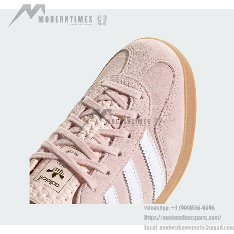 Adidas Gazelle Indoor IH5484 - Pink Suede Sneakers with Blue Stripes Adidas Gazelle Indoor IH5484 Pink Suede Sneakers with Pastel Blue Stripes and Gum Sole