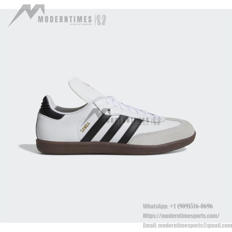 Adidas Samba Classic 772109 – レトロホワイトスニーカー ブラックストライプ付き Adidas Samba Classic 772109 ハイトップホワイトスニーカー ブラックストライプとガムソール付き