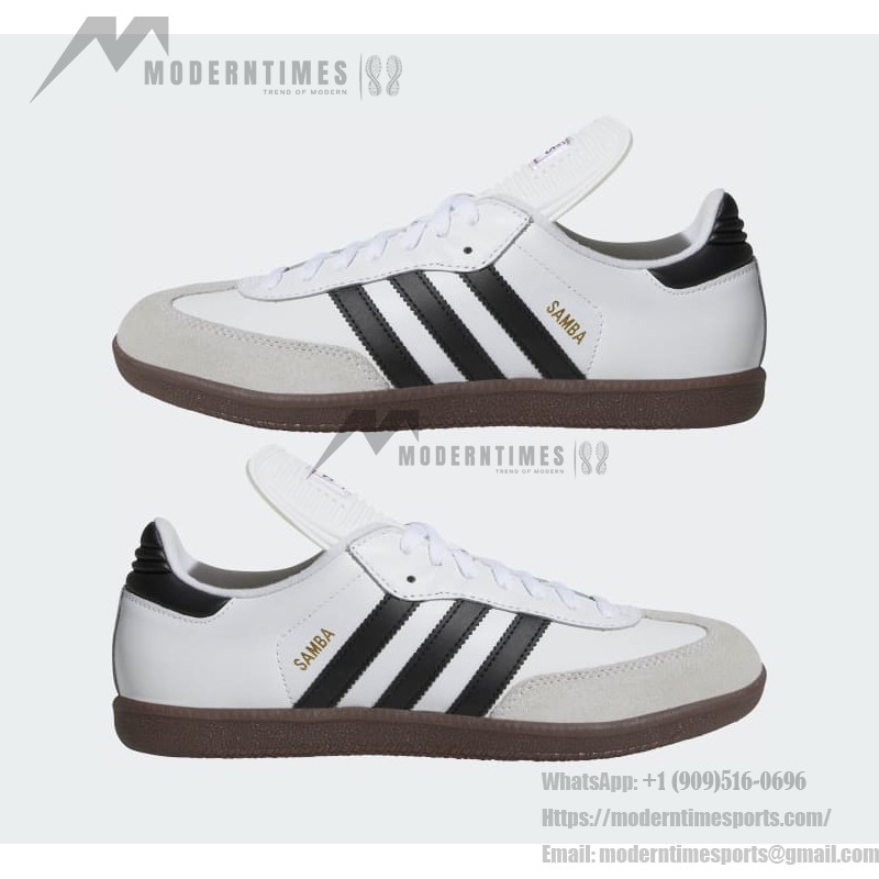 Adidas Samba Classic 772109 – レトロホワイトスニーカー ブラックストライプ付き Adidas Samba Classic 772109 ハイトップホワイトスニーカー ブラックストライプとガムソール付き
