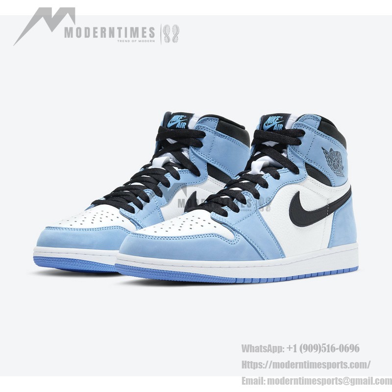 Air Jordan 1 High OG “University Blue” 555088-134 - Classic University Blue Limited Edition Sneakers Side view of Air Jordan 1 High OG “University Blue” 555088-134 sneakers in premium leather with University Blue, black, and white colorway