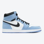 Air Jordan 1 High OG “University Blue” 555088-134 - Classic University Blue Limited Edition Sneakers Side view of Air Jordan 1 High OG “University Blue” 555088-134 sneakers in premium leather with University Blue, black, and white colorway