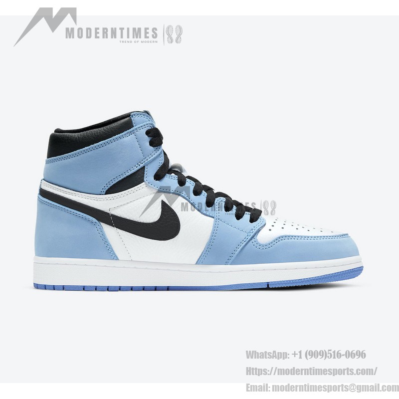 Air Jordan 1 High OG “University Blue” 555088-134 - Classic University Blue Limited Edition Sneakers Side view of Air Jordan 1 High OG “University Blue” 555088-134 sneakers in premium leather with University Blue, black, and white colorway